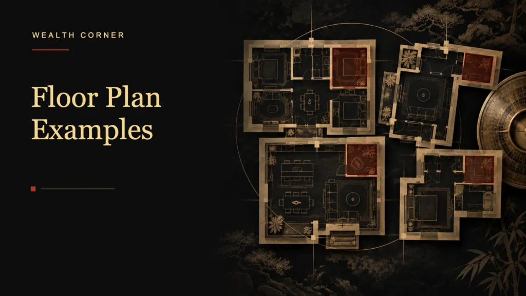 Four floor plan examples with different feng shui wealth corner zones