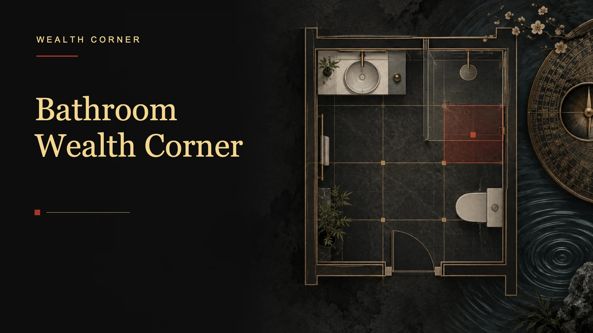 Bathroom floor plan with a highlighted feng shui wealth corner
